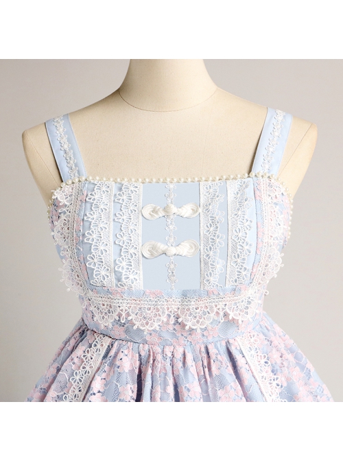 Four Seasons Spring Series JSK Blue Pink Chinese Style Chiffon Elegant flower lace Bow Tie Classic Lolita Sleeveless Dress