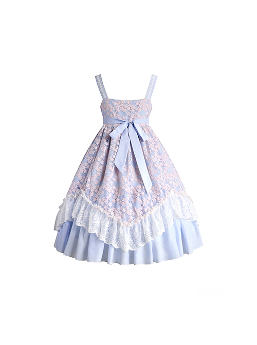 Four Seasons Spring Series JSK Blue Pink Chinese Style Chiffon Elegant flower lace Bow Tie Classic Lolita Sleeveless Dress