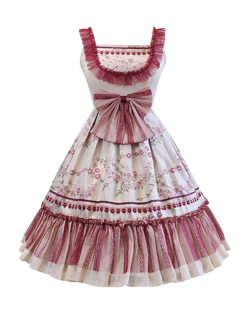 Forget Worry Chrysanthemum Series JSK Woven Cotton Flower Embroidery Patchwork Lace Classic Lolita Sleeveless Dress Set