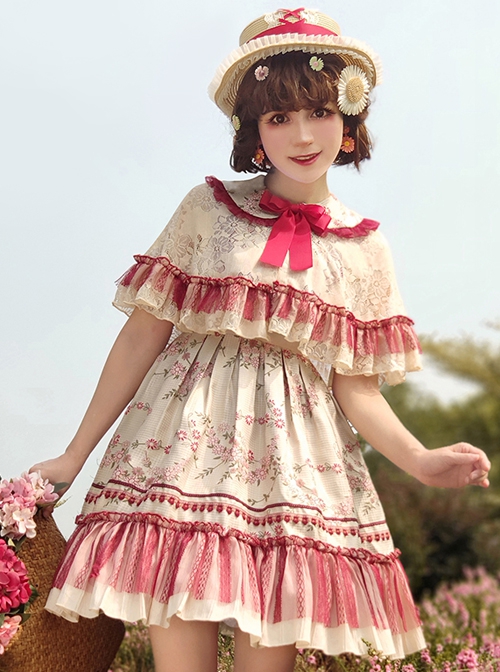 Forget Worry Chrysanthemum Series JSK Woven Cotton Flower Embroidery Patchwork Lace Classic Lolita Sleeveless Dress Set