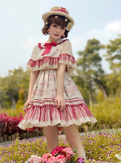 Forget Worry Chrysanthemum Series JSK Woven Cotton Flower Embroidery Patchwork Lace Classic Lolita Sleeveless Dress Set