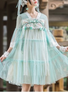 Tea Word Series OP Flower Embroidery Craft Chinese Style Pearl Embellishment Mesh Printing Dress Set