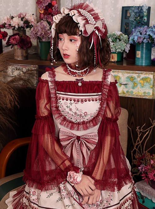 Wine Red Big Collar Off The Shoulder Polyester Lace Big Cuff Design Classic Lolita Long Sleeve Shirt