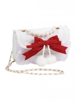 Ruffle Lace Velvet Red Bowknot Pearl Plush Ball Decoration Sweet Lolita Chain Messenger Bag