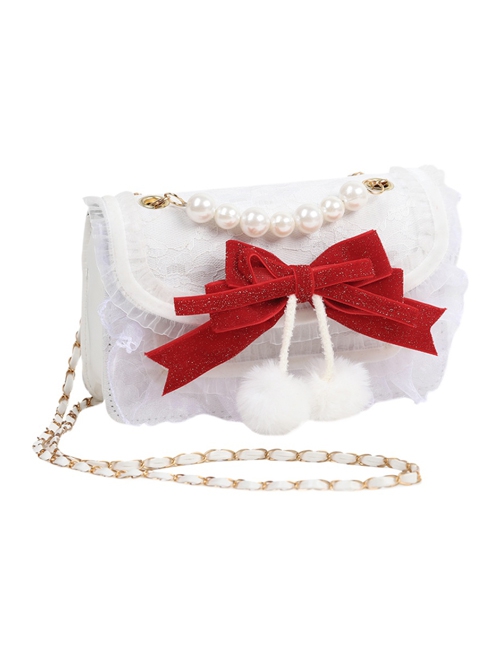 Ruffle Lace Velvet Red Bowknot Pearl Plush Ball Decoration Sweet Lolita Chain Messenger Bag