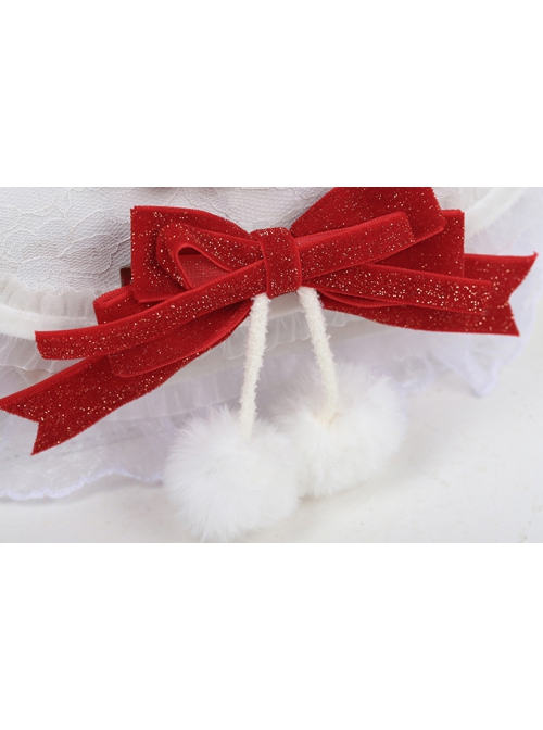 Ruffle Lace Velvet Red Bowknot Pearl Plush Ball Decoration Sweet Lolita Chain Messenger Bag