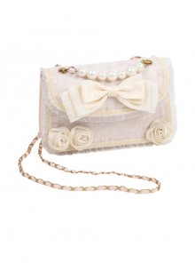 Apricot Big Bowknot Flower Shape Ruffle Lace Pearl Decoration Sweet Lolita Messenger Bag