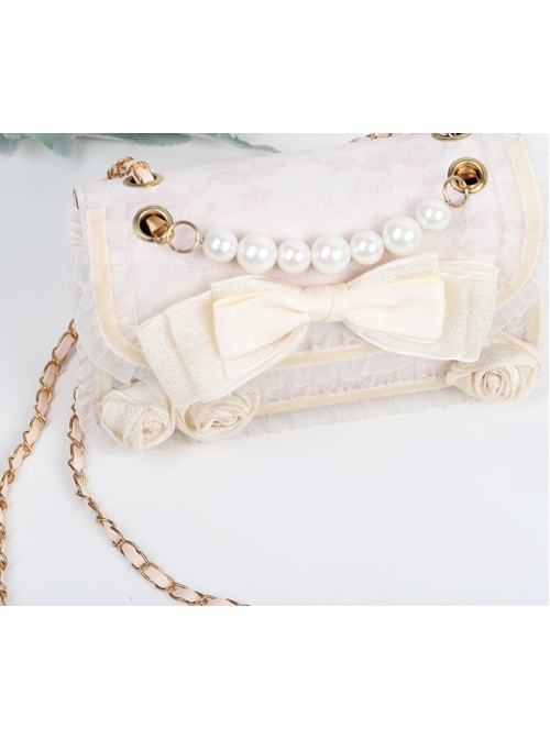 Apricot Big Bowknot Flower Shape Ruffle Lace Pearl Decoration Sweet Lolita Messenger Bag