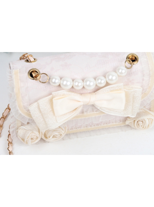 Apricot Big Bowknot Flower Shape Ruffle Lace Pearl Decoration Sweet Lolita Messenger Bag