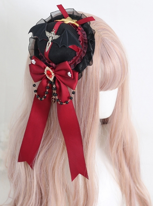 Red Bowknot Metal Beads Devil Small Wings Gothic Lolita Hairpins