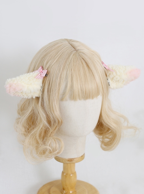 Cute Plush Lamb Ears Plaid Sweet Bowknot Lolita Hairpins