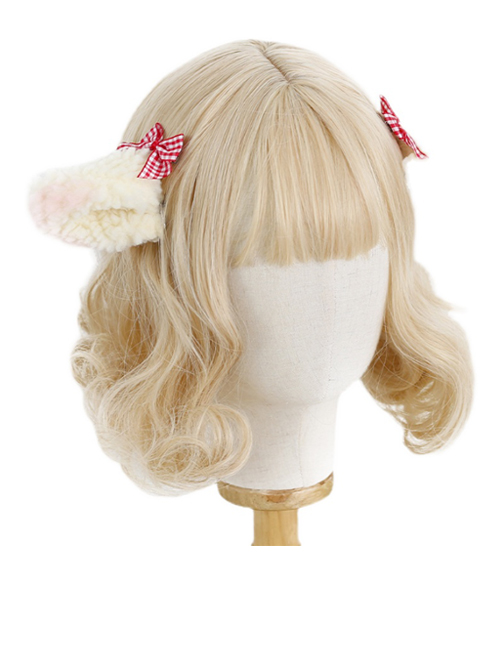 Cute Plush Lamb Ears Plaid Sweet Bowknot Lolita Hairpins