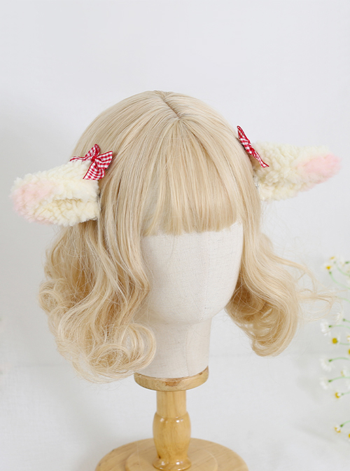 Cute Plush Lamb Ears Plaid Sweet Bowknot Lolita Hairpins