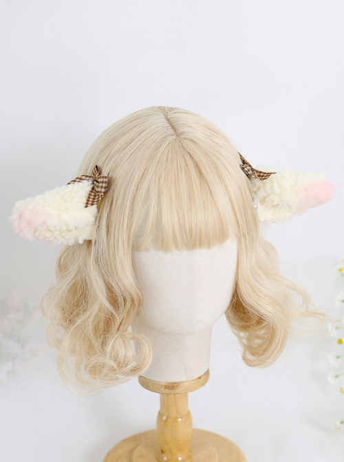 Cute Plush Lamb Ears Plaid Sweet Bowknot Lolita Hairpins