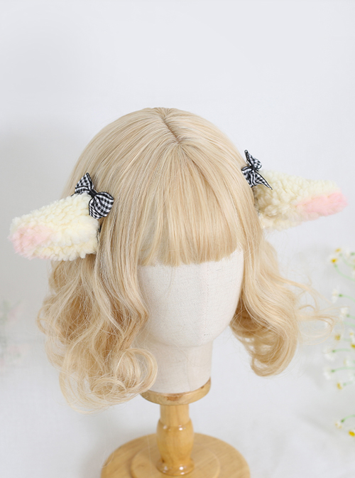 Cute Plush Lamb Ears Plaid Sweet Bowknot Lolita Hairpins