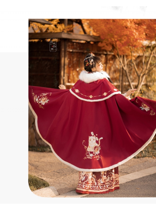 Cute Tiger Series Chinese Style Embroidery Fluffy Fur Collar Long Cloak Winter Warm Thicken Hanfu Lolita Coat