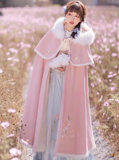 Cute Tiger Series Chinese Style Embroidery Fluffy Fur Collar Long Cloak Winter Warm Thicken Hanfu Lolita Coat