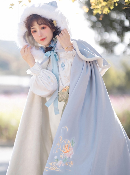 Cute Tiger Series Chinese Style Embroidery Fluffy Fur Collar Long Cloak Winter Warm Thicken Hanfu Lolita Coat