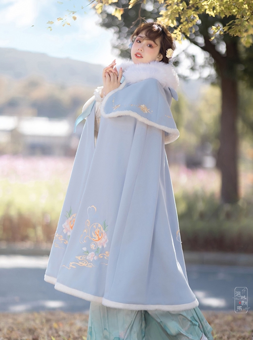 Cute Tiger Series Chinese Style Embroidery Fluffy Fur Collar Long Cloak Winter Warm Thicken Hanfu Lolita Coat