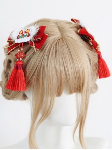 Chinese Style Tiger Embroidery Shape Lolita Bowknot Tassel Hair Accessories Hairpins