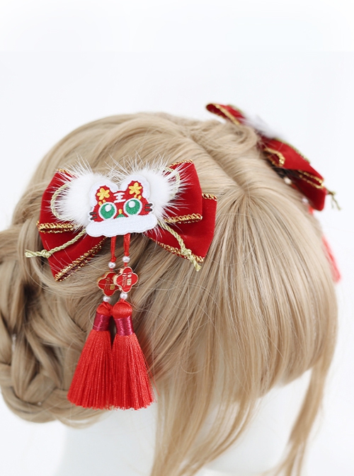 Chinese Style Tiger Embroidery Shape Lolita Bowknot Tassel Hair Accessories Hairpins