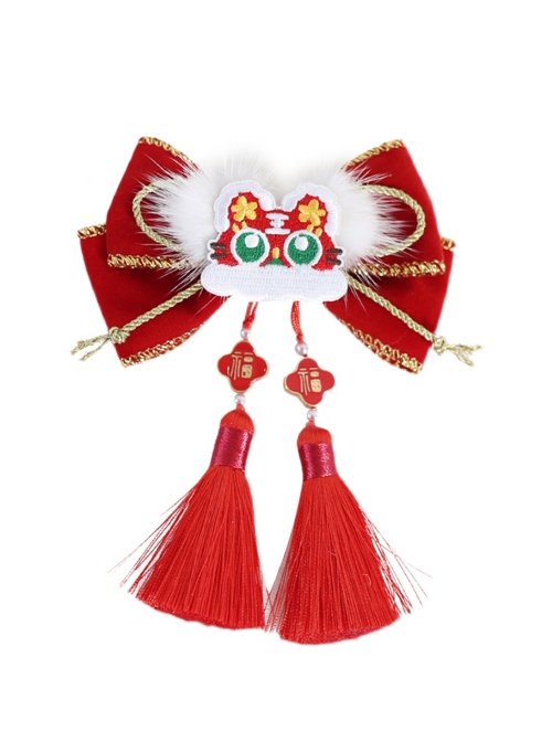 Chinese Style Tiger Embroidery Shape Lolita Bowknot Tassel Hair Accessories Hairpins