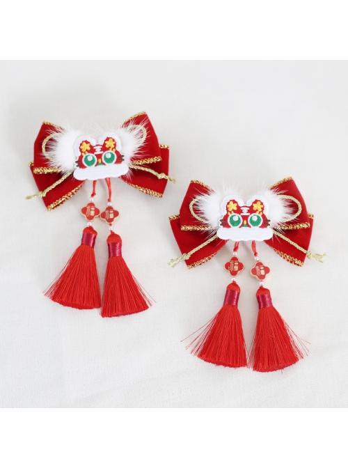 Chinese Style Tiger Embroidery Shape Lolita Bowknot Tassel Hair Accessories Hairpins