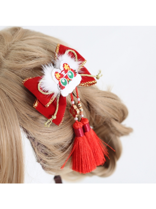 Chinese Style Tiger Embroidery Shape Lolita Bowknot Tassel Hair Accessories Hairpins