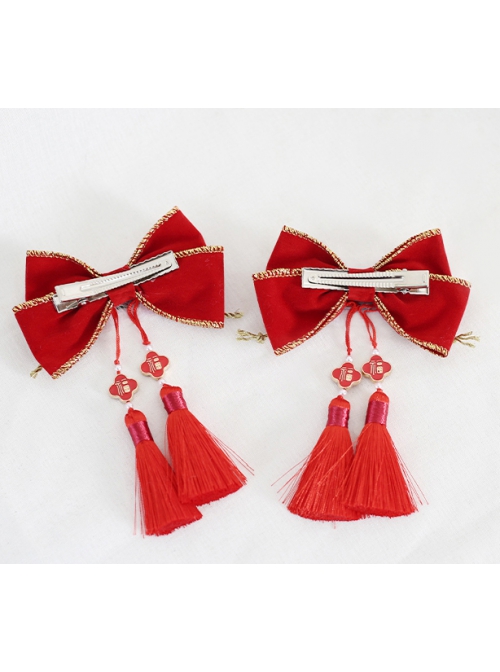 Chinese Style Tiger Embroidery Shape Lolita Bowknot Tassel Hair Accessories Hairpins