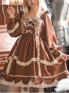 Bear Cookies Series OP Brown Pleated Plaid Bowknot Classic Lolita Long Sleeve Dress