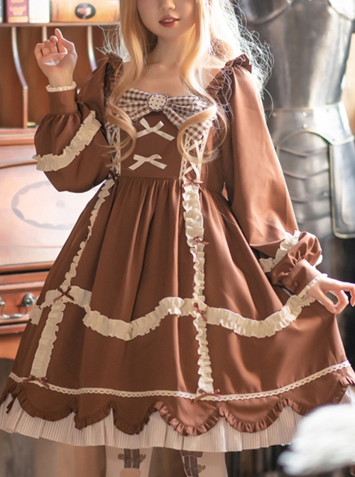 Bear Cookies Series OP Brown Pleated Plaid Bowknot Classic Lolita Long Sleeve Dress