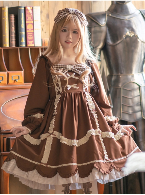 Bear Cookies Series OP Brown Pleated Plaid Bowknot Classic Lolita Long Sleeve Dress