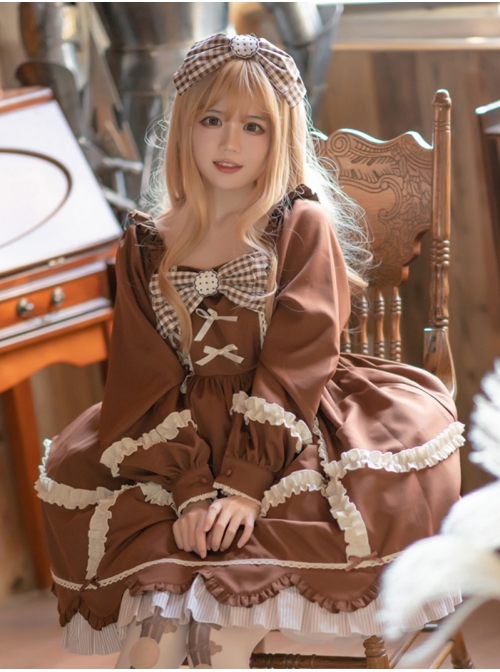 Bear Cookies Series OP Brown Pleated Plaid Bowknot Classic Lolita Long Sleeve Dress