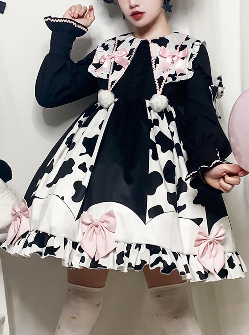 Sweet Snow Ranch Story Series OP Pleated Hem Design Bowknot Sweet Cow Color Sweet Lolita Long Sleeve Dress