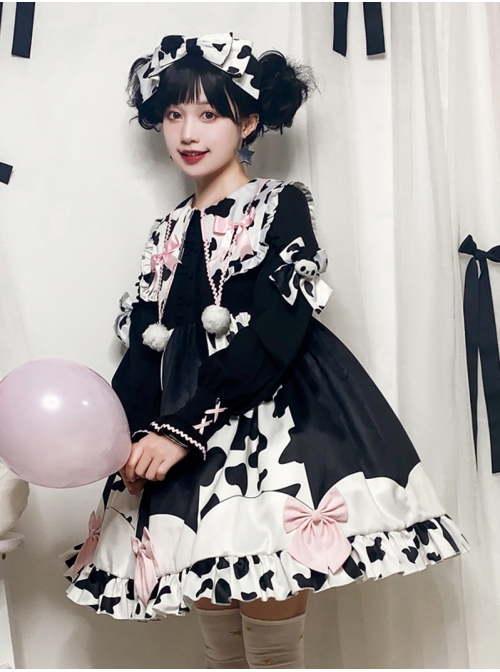 Sweet Snow Ranch Story Series OP Pleated Hem Design Bowknot Sweet Cow Color Sweet Lolita Long Sleeve Dress