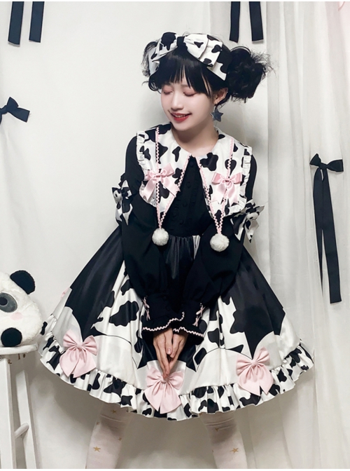 Sweet Snow Ranch Story Series OP Pleated Hem Design Bowknot Sweet Cow Color Sweet Lolita Long Sleeve Dress