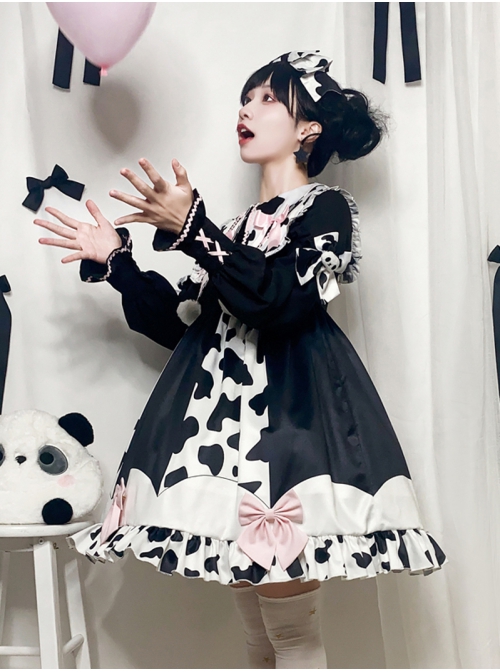 Sweet Snow Ranch Story Series OP Pleated Hem Design Bowknot Sweet Cow Color Sweet Lolita Long Sleeve Dress