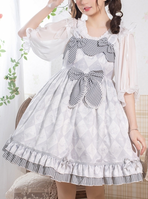 Alice Bunny Series JSK Cute Pattern Bunny Ears Black And White Stripe Bow Hem Pleats Sweet Lolita Grey Sling Dress