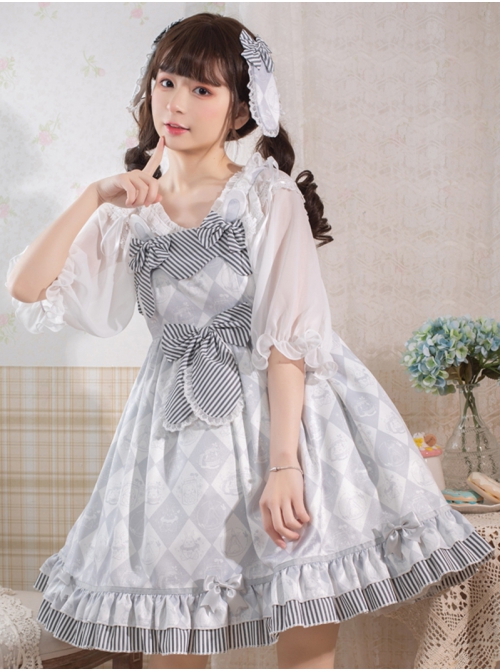 Alice Bunny Series JSK Cute Pattern Bunny Ears Black And White Stripe Bow Hem Pleats Sweet Lolita Grey Sling Dress