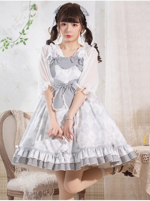 Alice Bunny Series JSK Cute Pattern Bunny Ears Black And White Stripe Bow Hem Pleats Sweet Lolita Grey Sling Dress