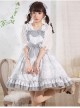 Alice Bunny Series JSK Cute Pattern Bunny Ears Black And White Stripe Bow Hem Pleats Sweet Lolita Grey Sling Dress