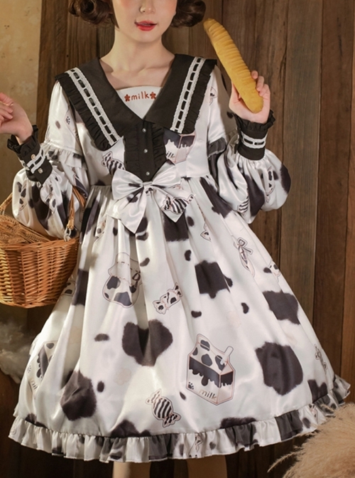 Sweet Milk Candy Series OP Cute Pattern Printing Letter Embroidery Square Collar Pleats Bowknot Sweet Lolita Long Sleeve Dress