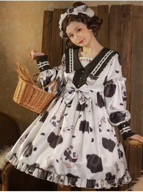 Sweet Milk Candy Series OP Cute Pattern Printing Letter Embroidery Square Collar Pleats Bowknot Sweet Lolita Long Sleeve Dress