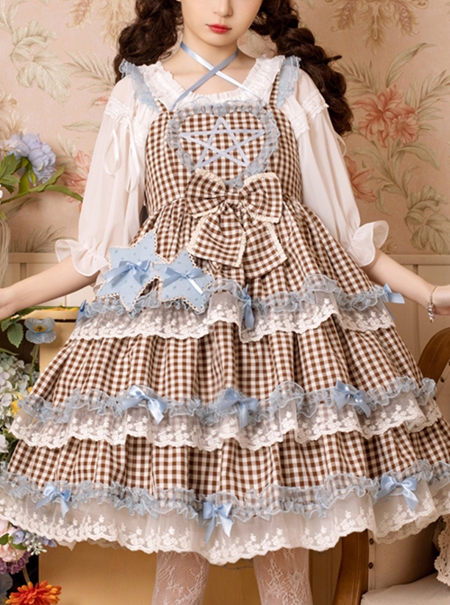 Dumeisha's Star Wish Series JSK Summer Daily Cute Plaid Three-Stage Blue Star Decoration Sweet Lolita Sling Dress