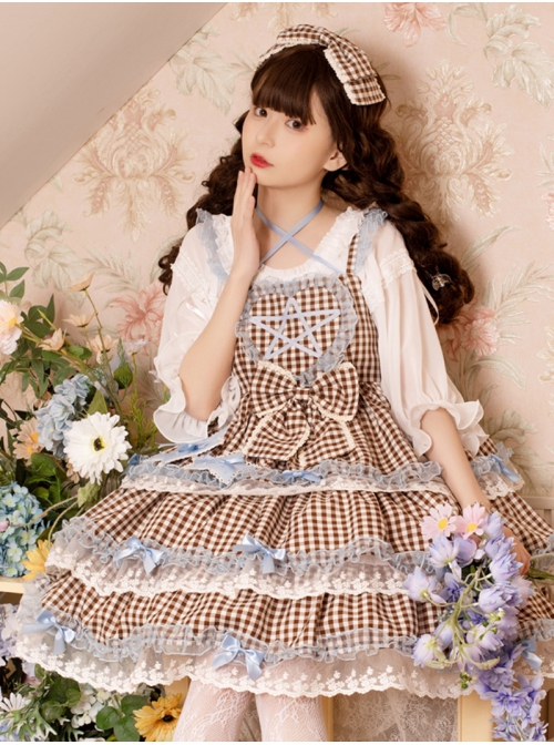 Dumeisha's Star Wish Series JSK Summer Daily Cute Plaid Three-Stage Blue Star Decoration Sweet Lolita Sling Dress