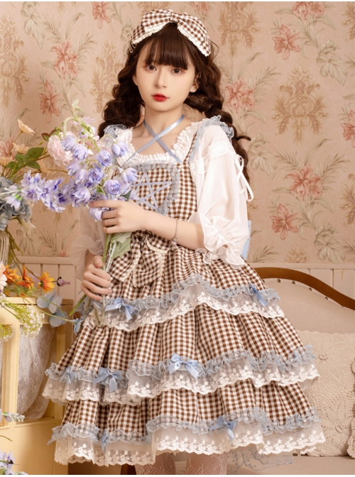 Dumeisha's Star Wish Series JSK Summer Daily Cute Plaid Three-Stage Blue Star Decoration Sweet Lolita Sling Dress