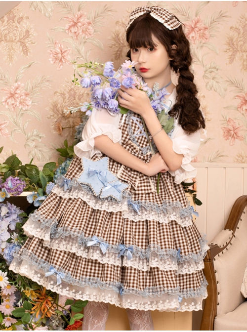 Dumeisha's Star Wish Series JSK Summer Daily Cute Plaid Three-Stage Blue Star Decoration Sweet Lolita Sling Dress
