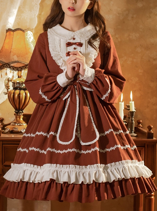 Pastoral Rabbit Series OP Pleated Ruffle Doll Collar Big Bowknot Hem Pleats Classic Lolita Long Sleeve Dress