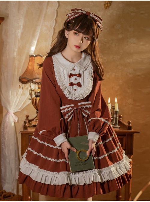 Pastoral Rabbit Series OP Pleated Ruffle Doll Collar Big Bowknot Hem Pleats Classic Lolita Long Sleeve Dress