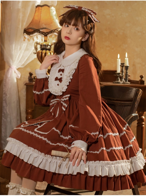 Pastoral Rabbit Series OP Pleated Ruffle Doll Collar Big Bowknot Hem Pleats Classic Lolita Long Sleeve Dress